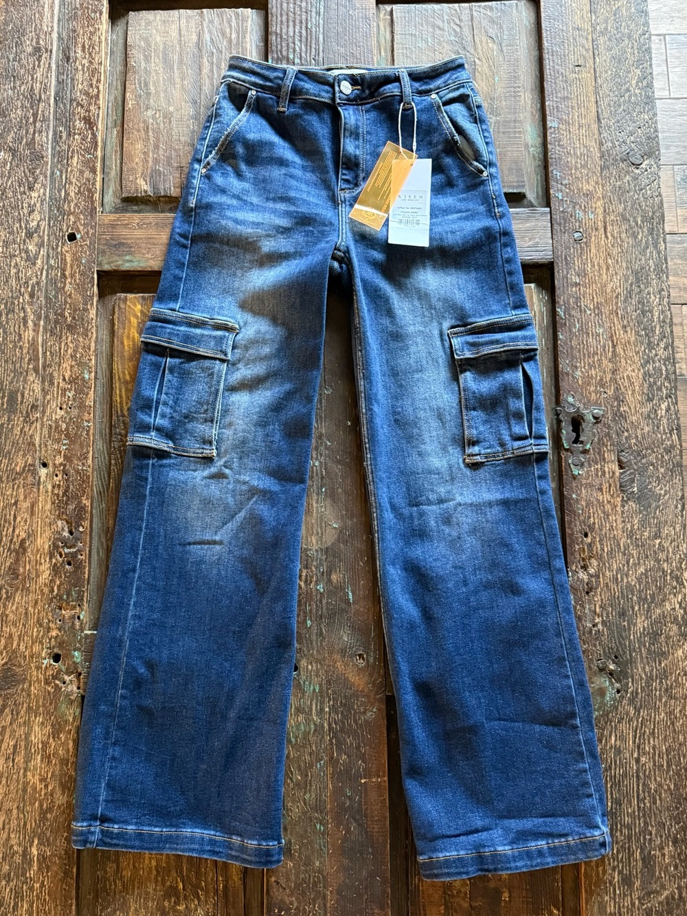 High-Rise, Wide Leg, Women's Cargo Jeans in Dark Blue - Risen